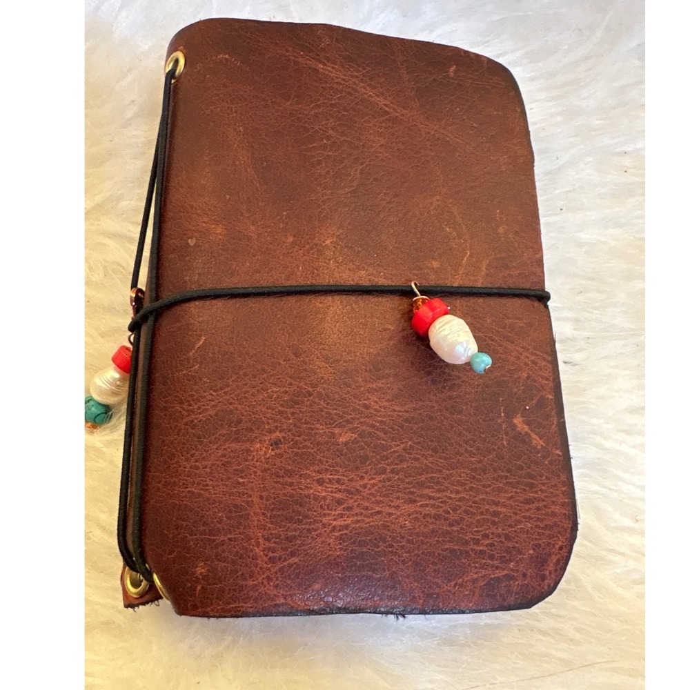Handmade Leather Travelers Notebook Journal Brown Beaded Charm Refillable Boho